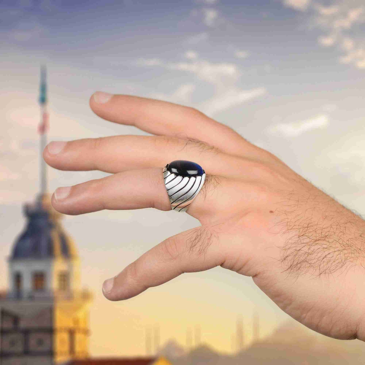 Oval Siyah Oniks 925k Gümüş Yüzük, Okyanus Dalgası Tasarım Yüzük