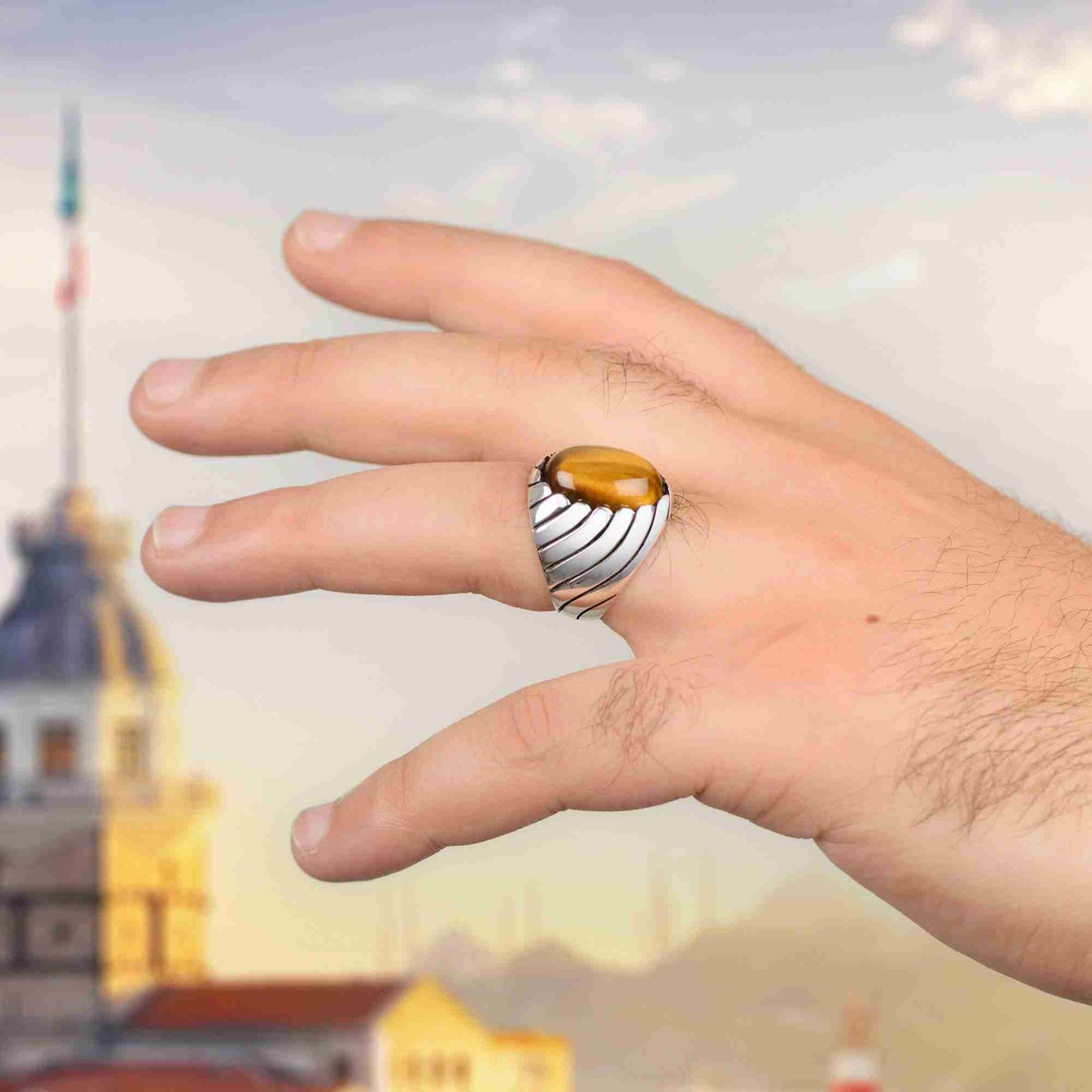 Oval Siyah Oniks 925k Gümüş Yüzük, Okyanus Dalgası Tasarım Yüzük