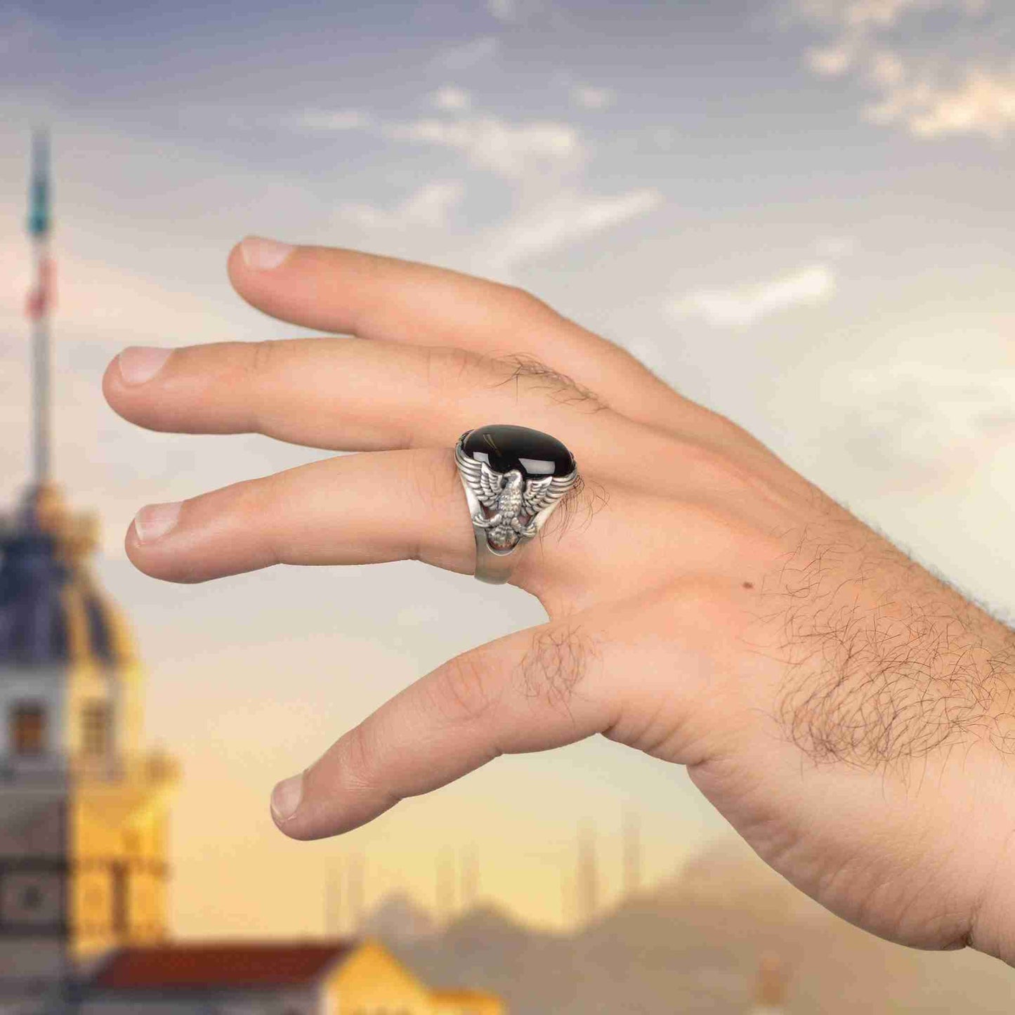 Kartal Erkek Yüzük, Oksitli Gümüş Yüzük, Oniks Taşlı Erkek Yüzük