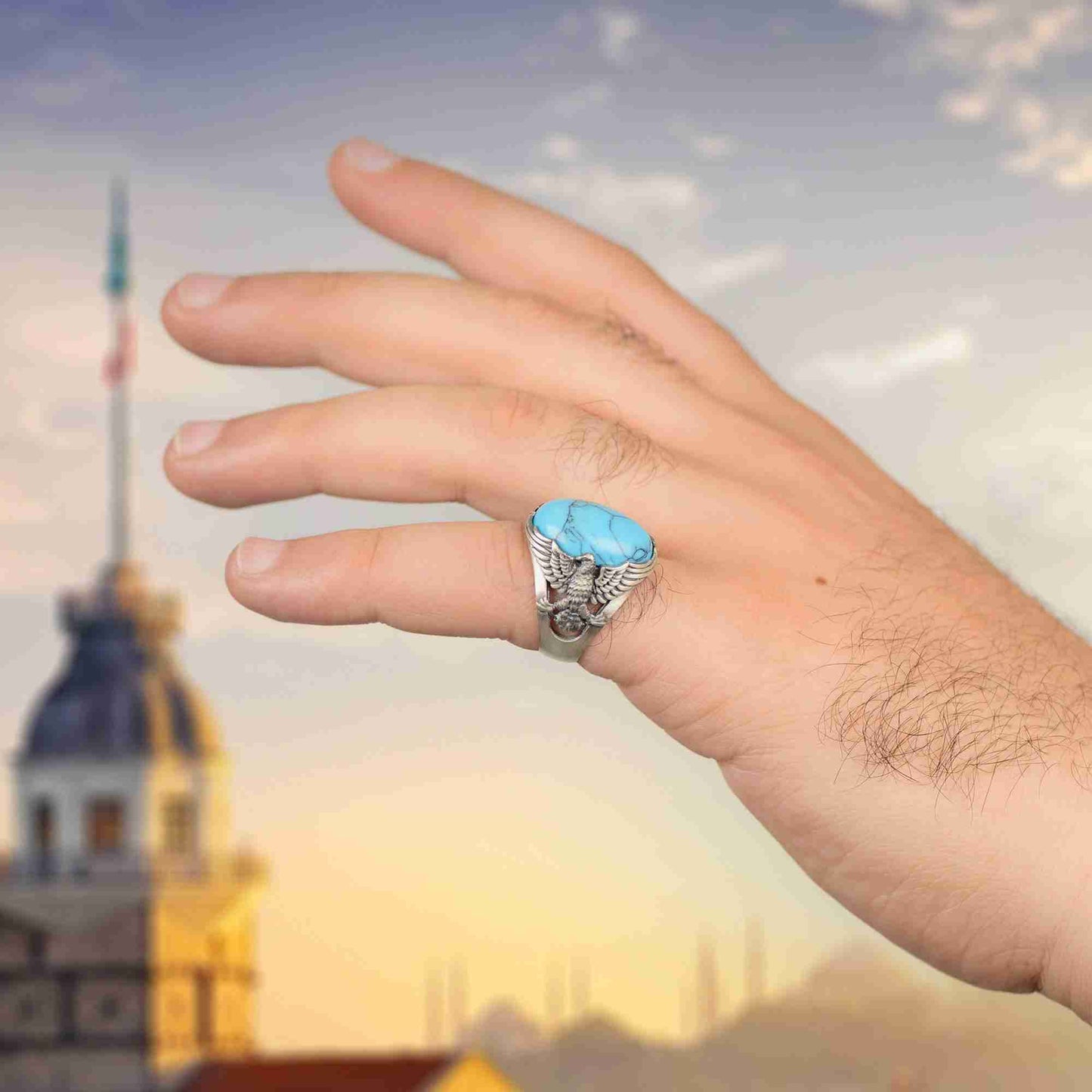 Kartal Erkek Yüzük, Oksitli Gümüş Yüzük, Oniks Taşlı Erkek Yüzük