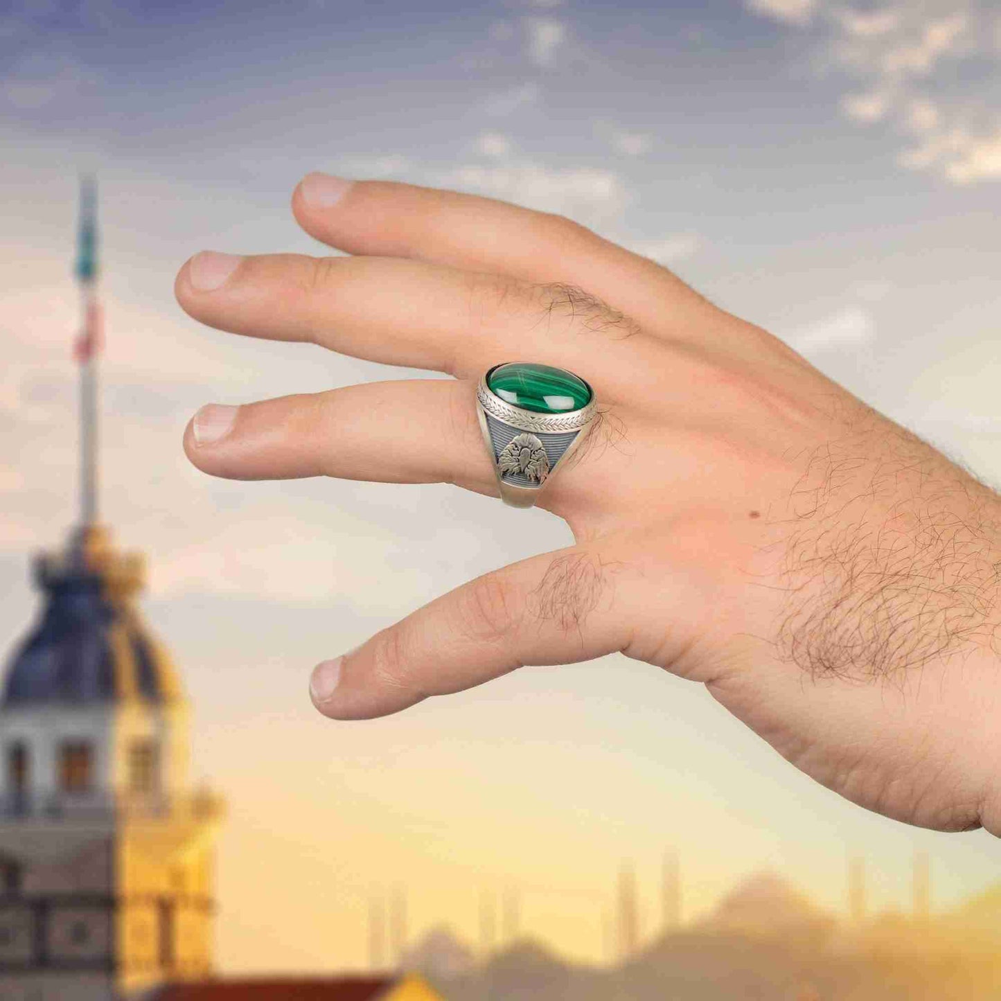 Kartal Başlı Yüzük, Oval Malakit Yüzük, Amerikan Kartalı Erkek Yüzük