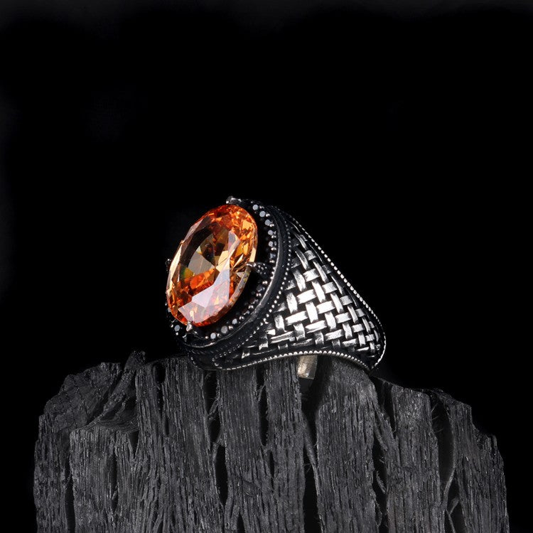 Örgü Motifli Zirkon Taşlı Gümüş Erkek Yüzük