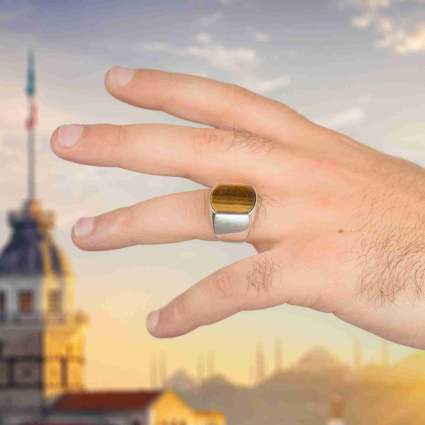 Minimalist El Yapımı Erkek Yüzük, Yeşil Akik Taşlı Yüzük
