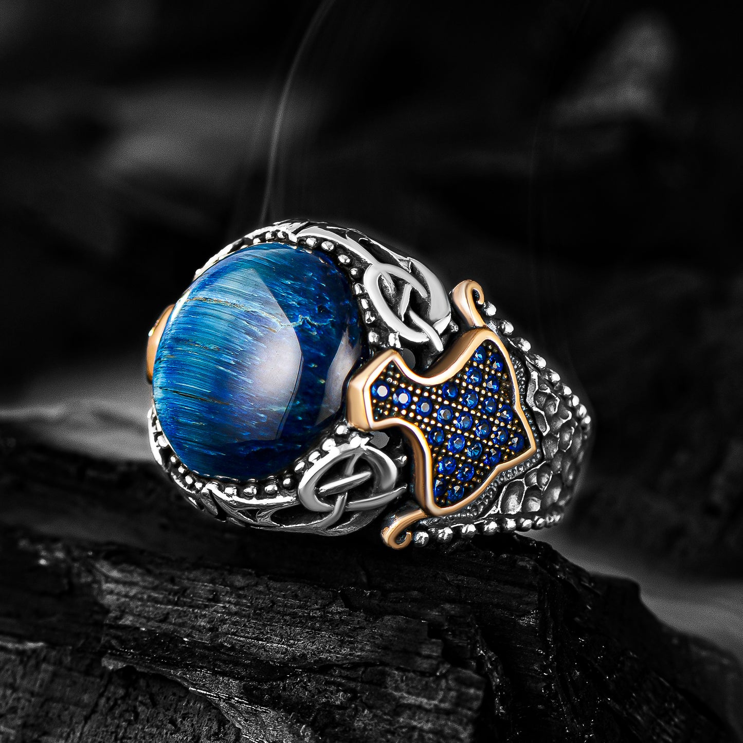 Mavi Kaplan Gözü Taşlı Gümüş Yüzük Erkek El Yapımı Yüzük