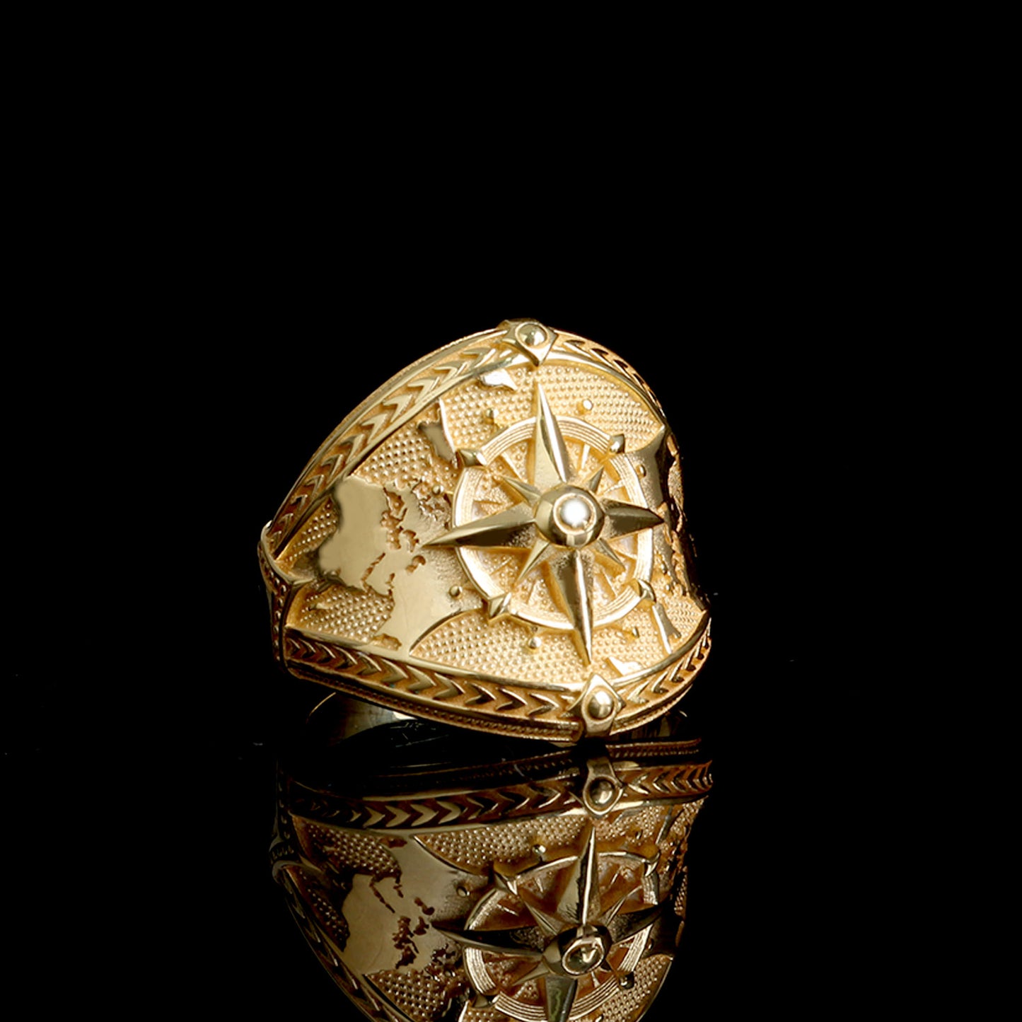 18 Ayar Altın Kaplama Dünya Haritası Ve Pusula Erkek Yüzük