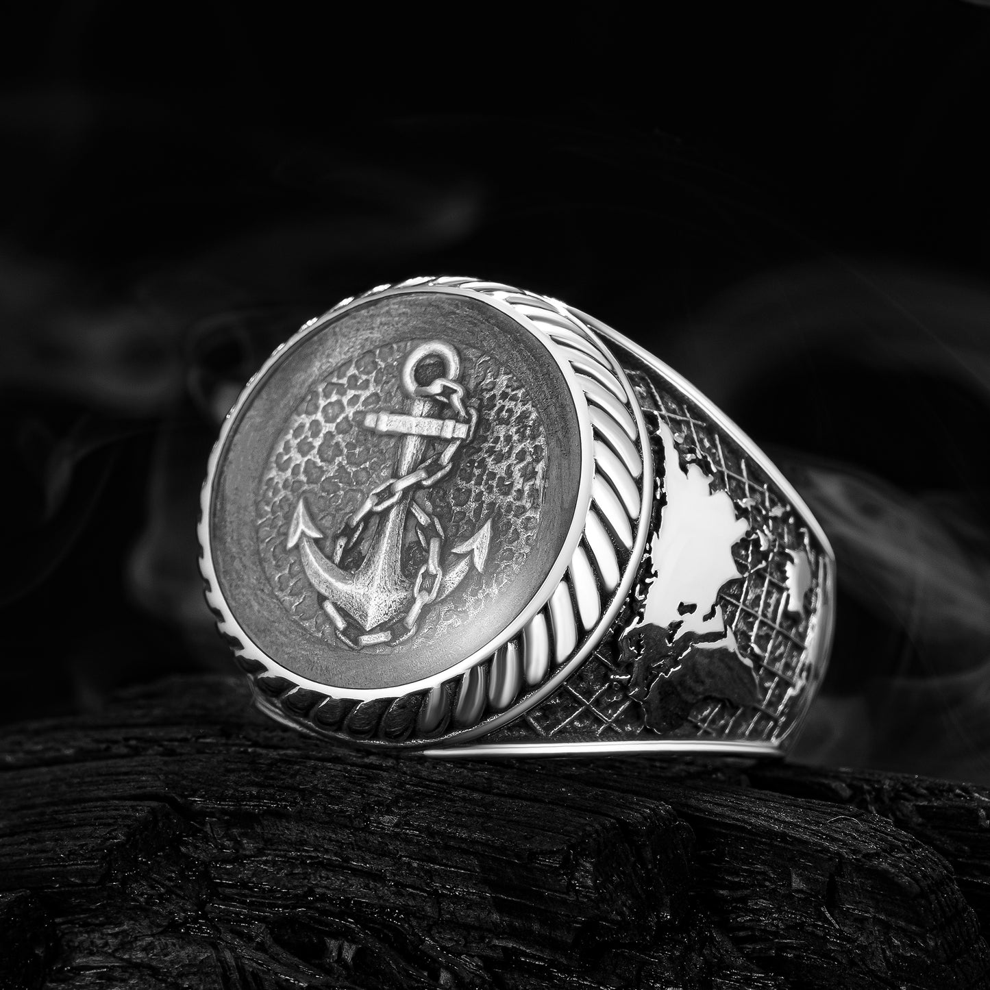 Çapa ve Dünya Haritalı Gümüş Erkek Yüzük