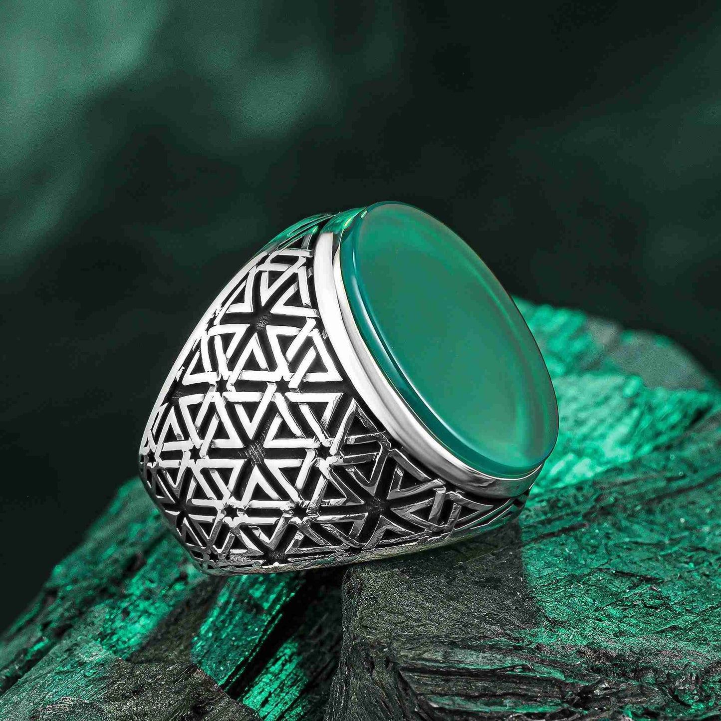 Divriği Camii Motifi Erkek Yüzük,Yeşil Akik Erkek Yüzük