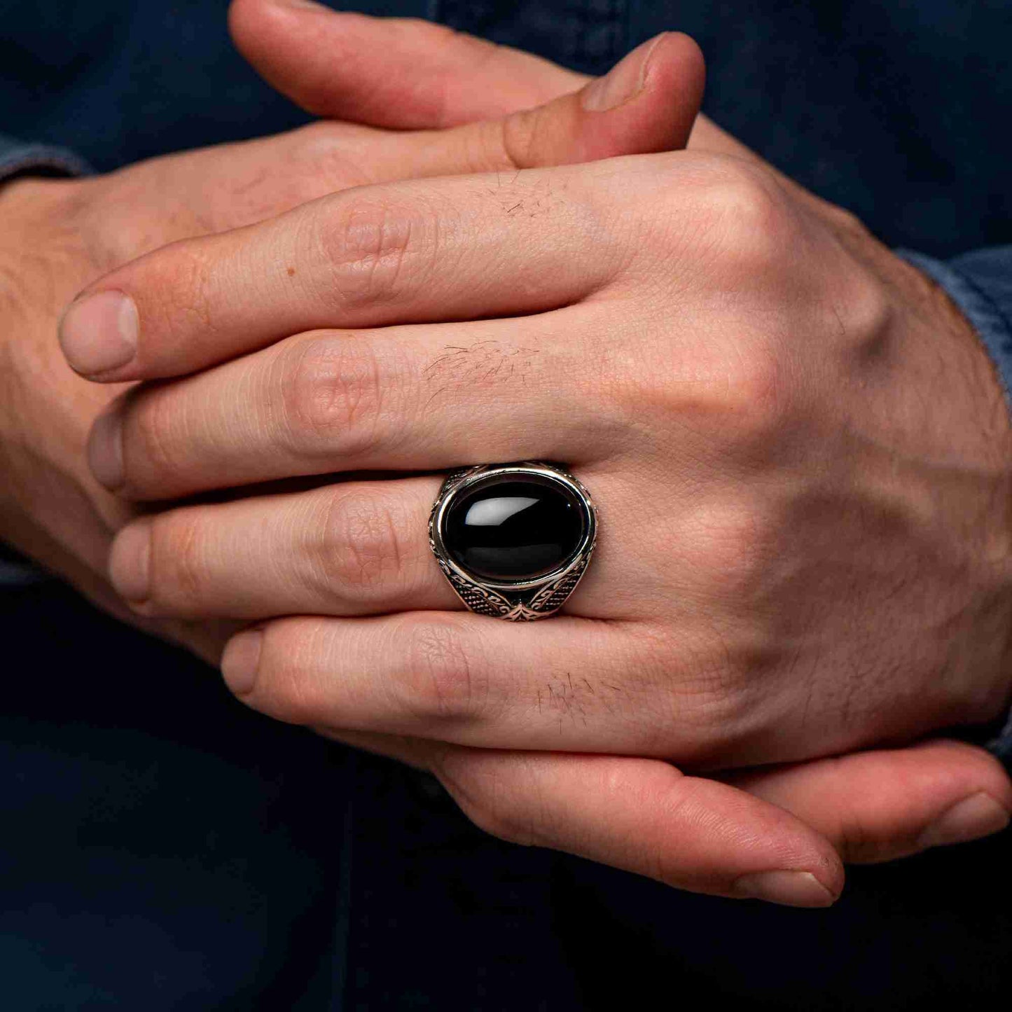 Siyah Oniks ve Zirkon Taşlı Yüzük Erkek El Yapımı Yüzük