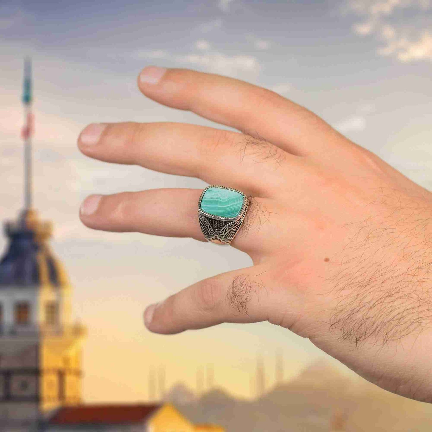 Sade Tasarım 925 Gümüş Erkek Yüzük, Siyah Beyaz Akik Taşlı Yüzük