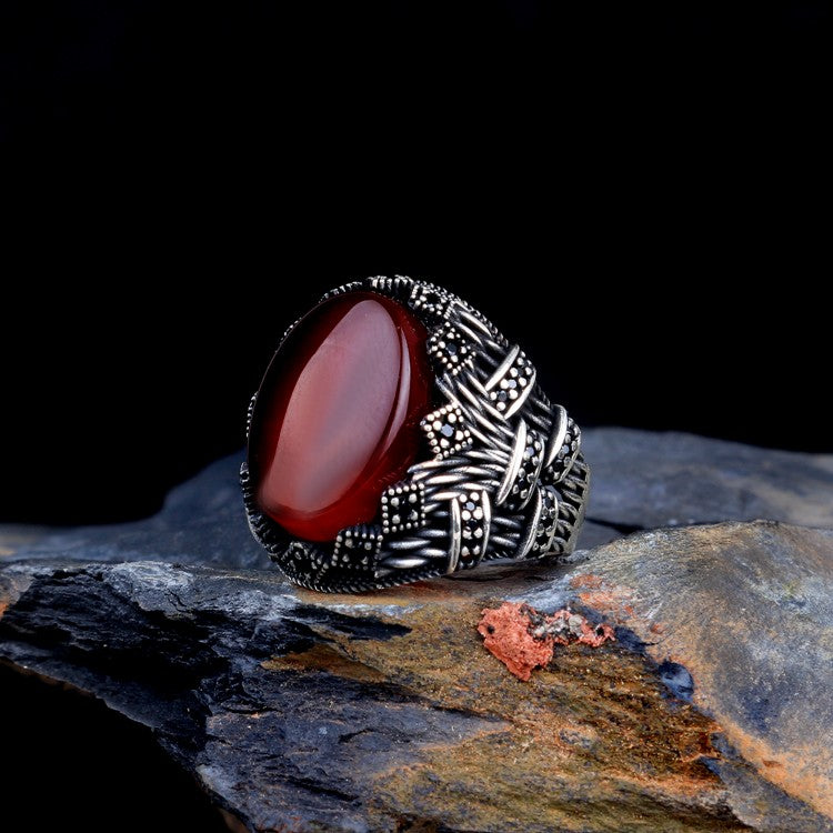 Kırmızı Akik Taşlı Gümüş Erkek Yüzük