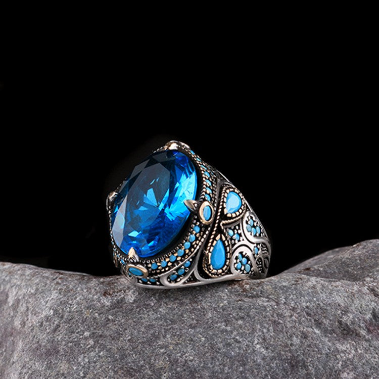 925 AYAR GÜMÜŞ MAVİ RENK AQUA TAŞLI YÜZÜK
