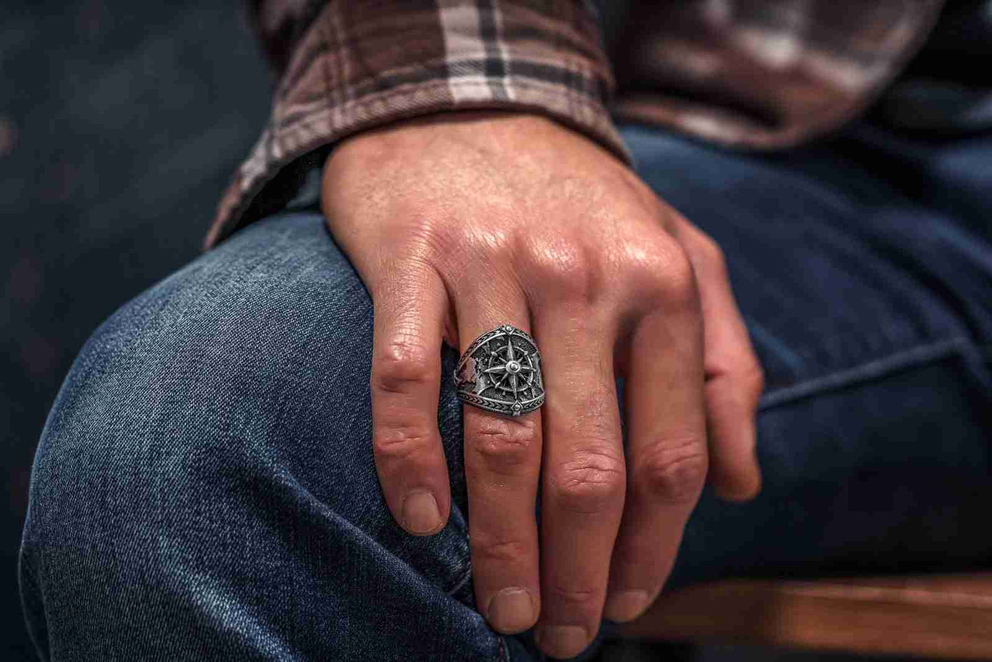 Büyük Pusula ve Dünya Haritası 925 Ayar Gümüş Yüzük Erkek El Yapımı Denizci Yüzüğü