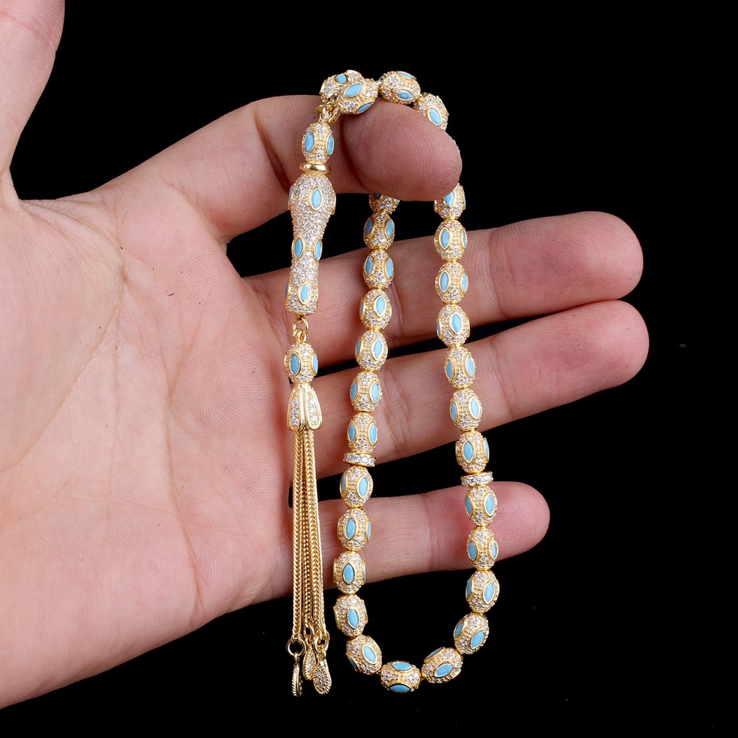 ALTIN KAPLAMALI TURKUAZ MİKRO TAŞLI 925 AYAR GÜMÜŞ TESBİH