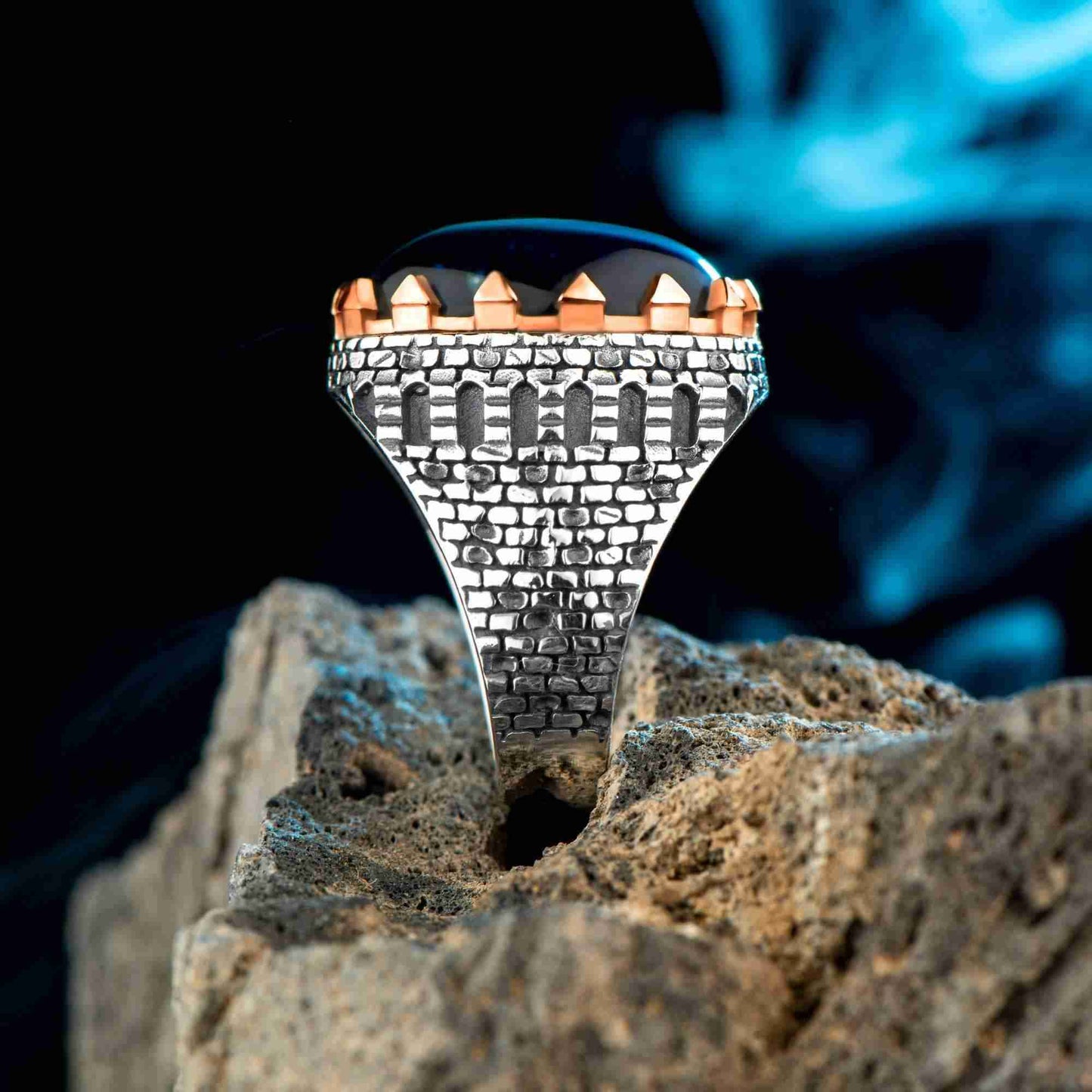 Mavi Kaplan Gözü Taşlı Yüzük, Erkek El Yapım Kale Yüzük, Oval Erkek Yüzük,