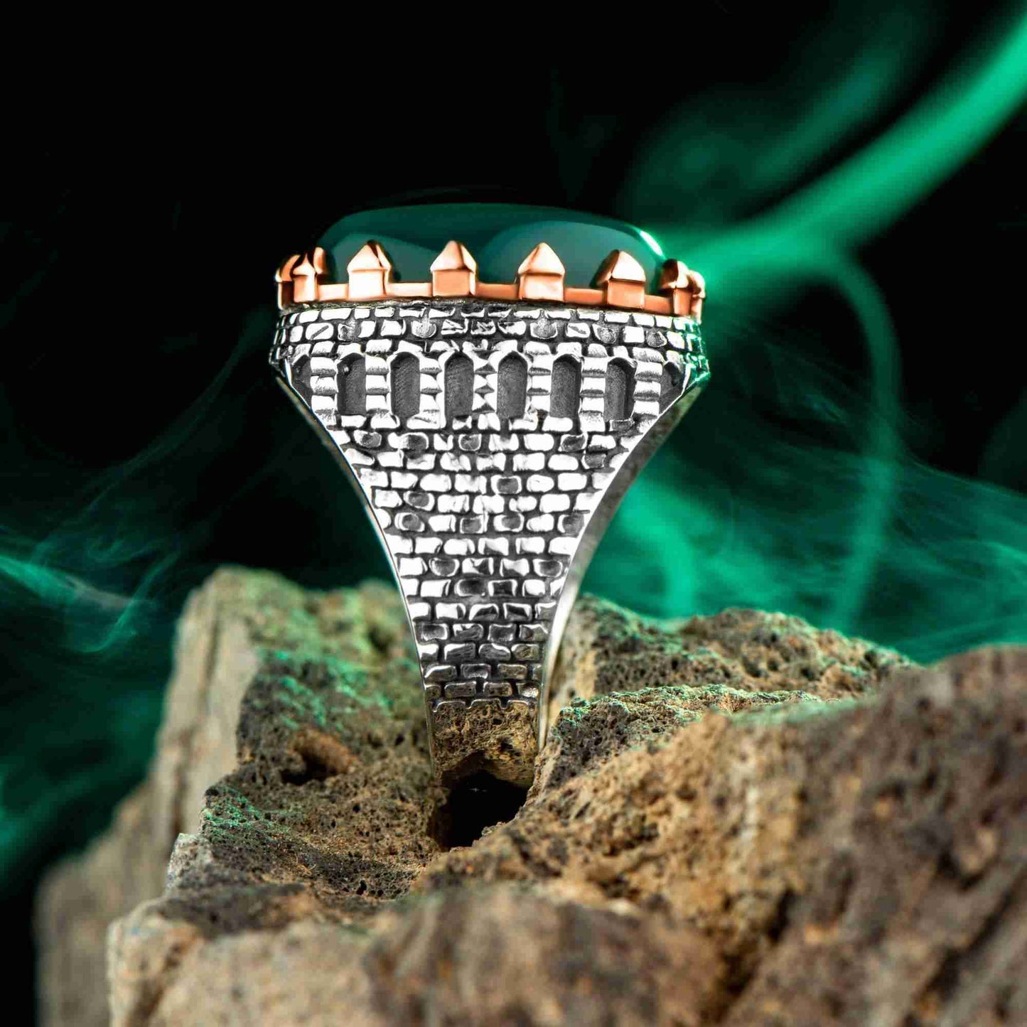 Yeşil Akik Taşlı Yüzük, Erkek İşlemeli Yüzük, Vintage Kale Tarzı Yüzük