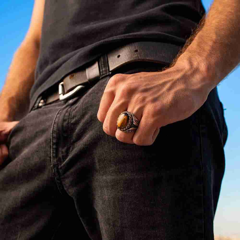 Erkek El Yapımı Yüzük, Mavi Kaplan Gözü Gümüş Yüzük, Oval Taşlı Yüzük