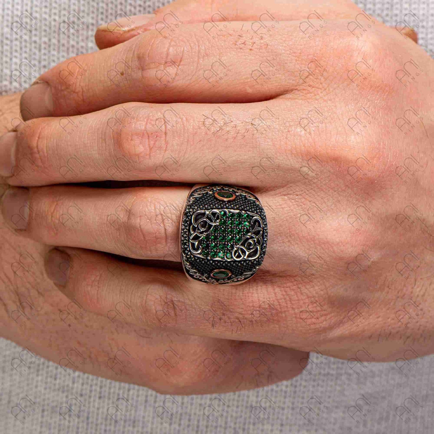 Beyaz Zirkon Taşlı Gümüş Erkek Yüzük, El İşi 925 Gümüş Yüzük