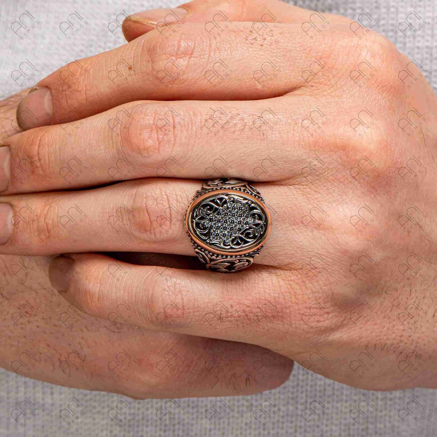 Siyah Zirkon Erkek Gümüş Yüzük, El Yapımı İşlemeli Gümüş Yüzük