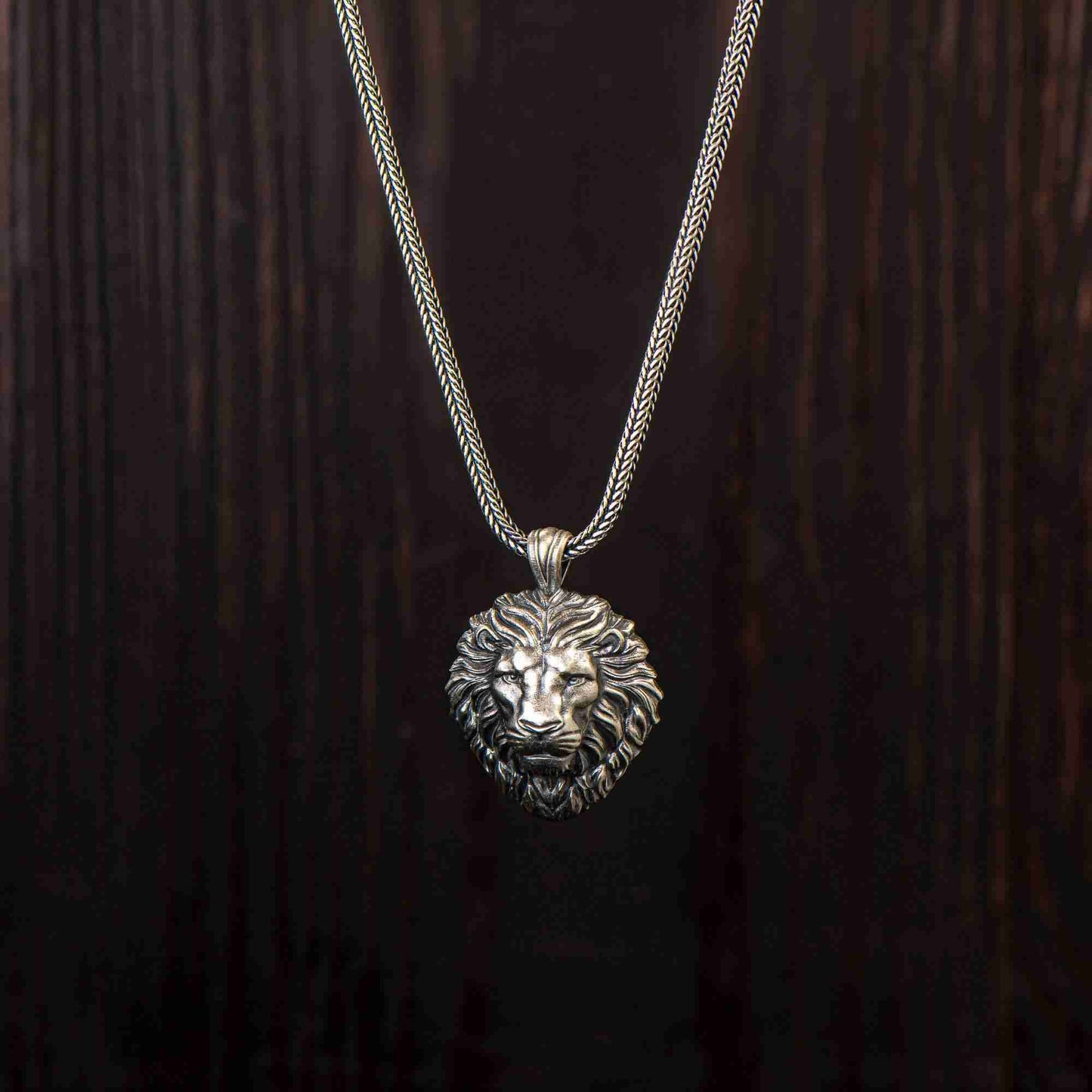 Zincirli Gümüş Aslan Erkek Kolye, 925 Ayar Gümüş Aslan Başlı Erkek Kolye