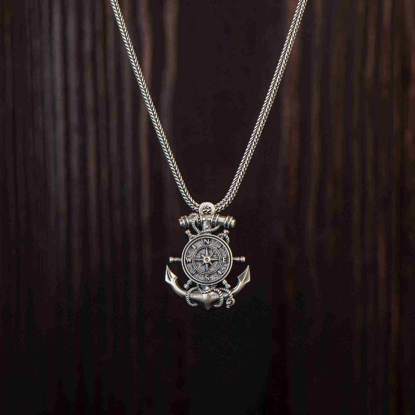 Pusulalı Gümüş Çapa Kolye, Oksitlenmiş Gümüş Denizcilik Çapa Kolye