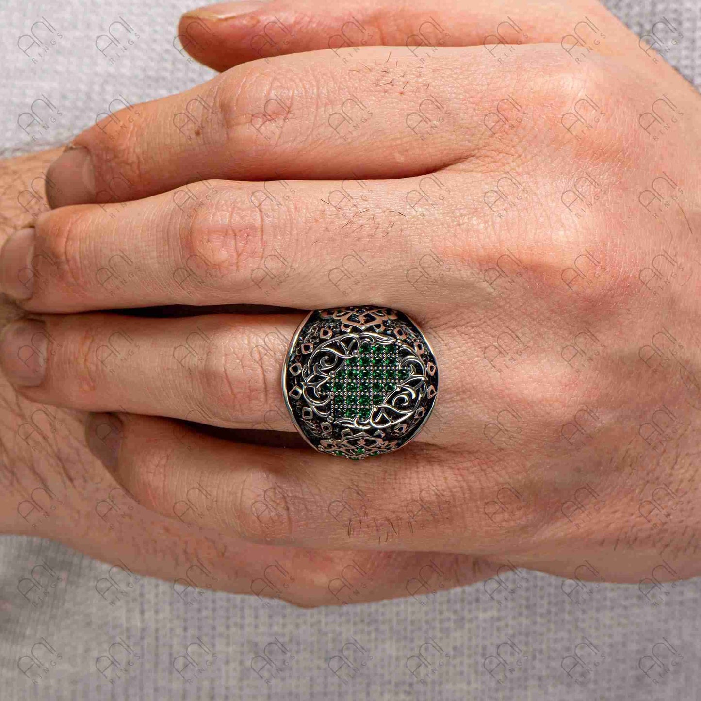 Siyah Zirkon Taşlı Erkek Gümüş Yüzük, Erkek Vintage Yüzük, Erkek İşlemeli Yüzük