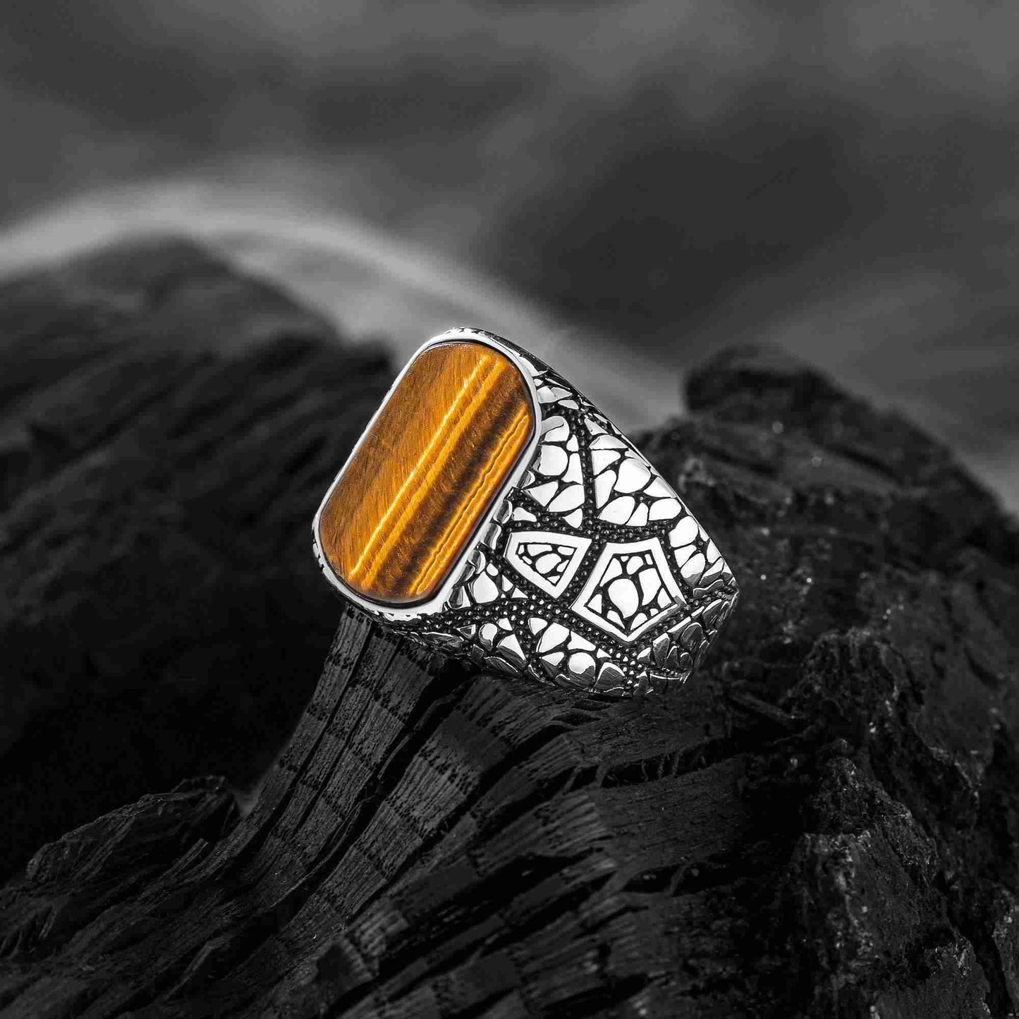 Yeşil Akik Erkek Yüzük, İşlemeli El Yapımı Gümüş Yüzük