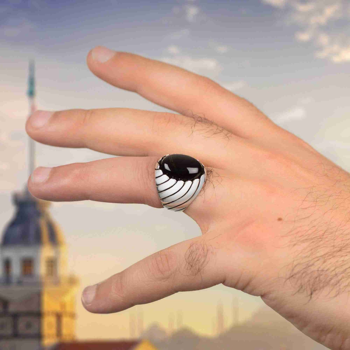 Oval Siyah Oniks 925k Gümüş Yüzük, Okyanus Dalgası Tasarım Yüzük
