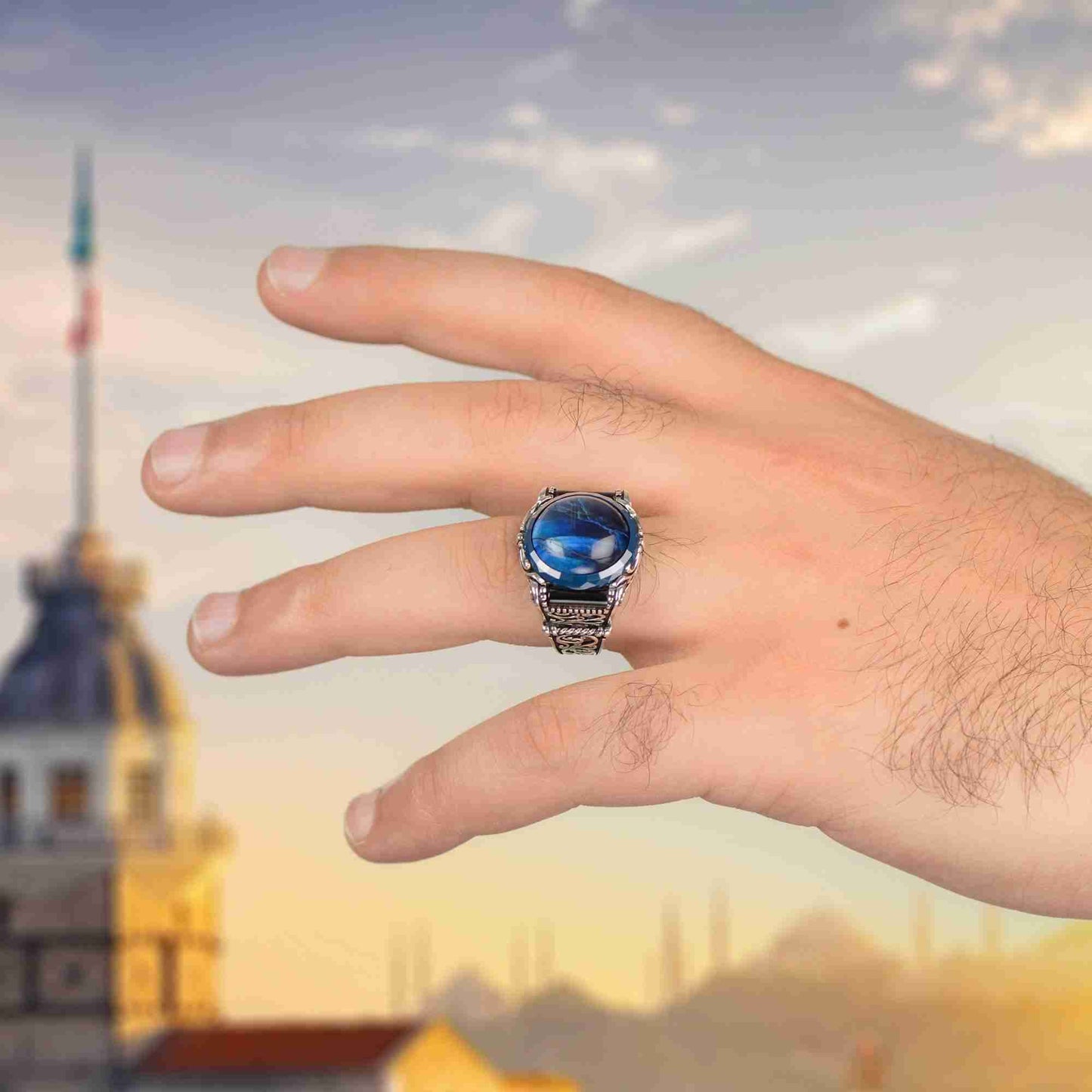 İşlemeli Mavi Kaplan Gözü Yüzük Mavi Zirkon Erkek Yüzük