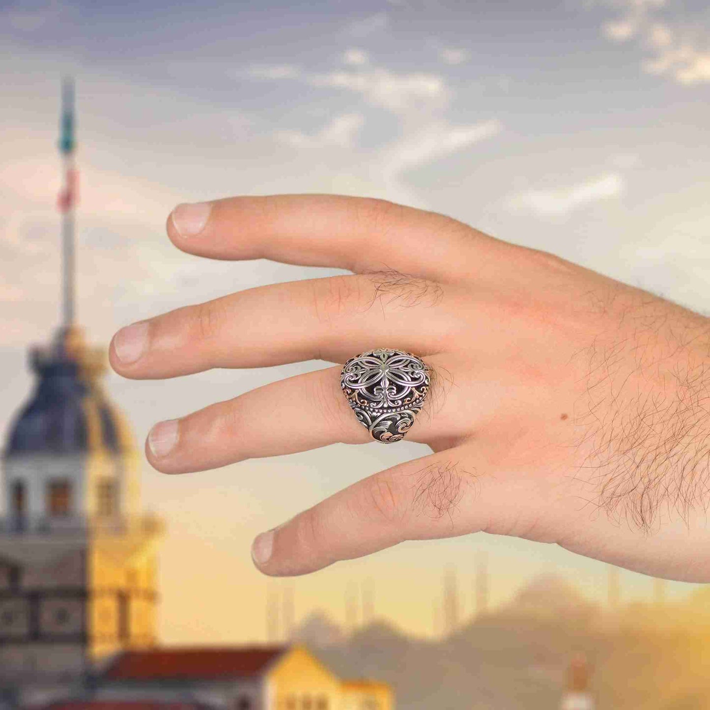 Osmanlı Motif İşlemeli Gümüş Erkek Yüzük