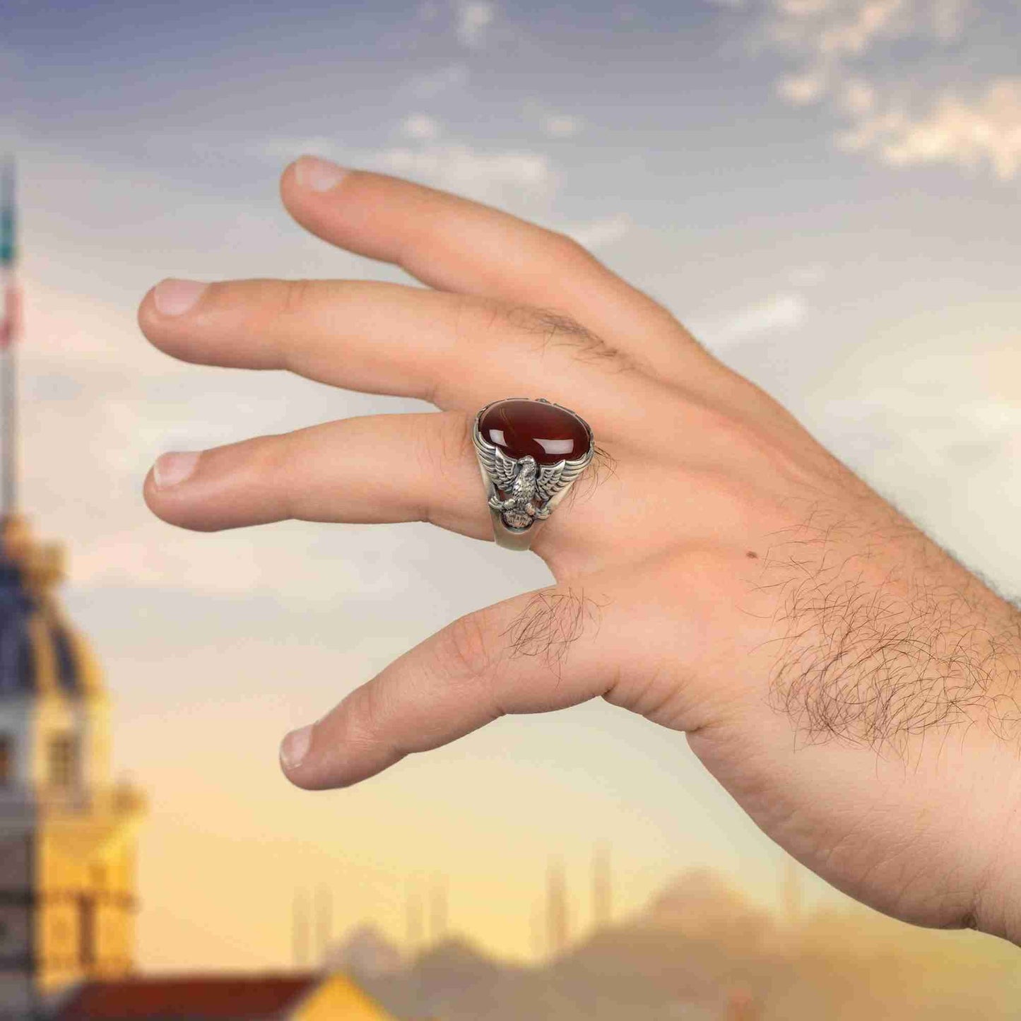 Kartal Erkek Yüzük, Oksitli Gümüş Yüzük, Oniks Taşlı Erkek Yüzük