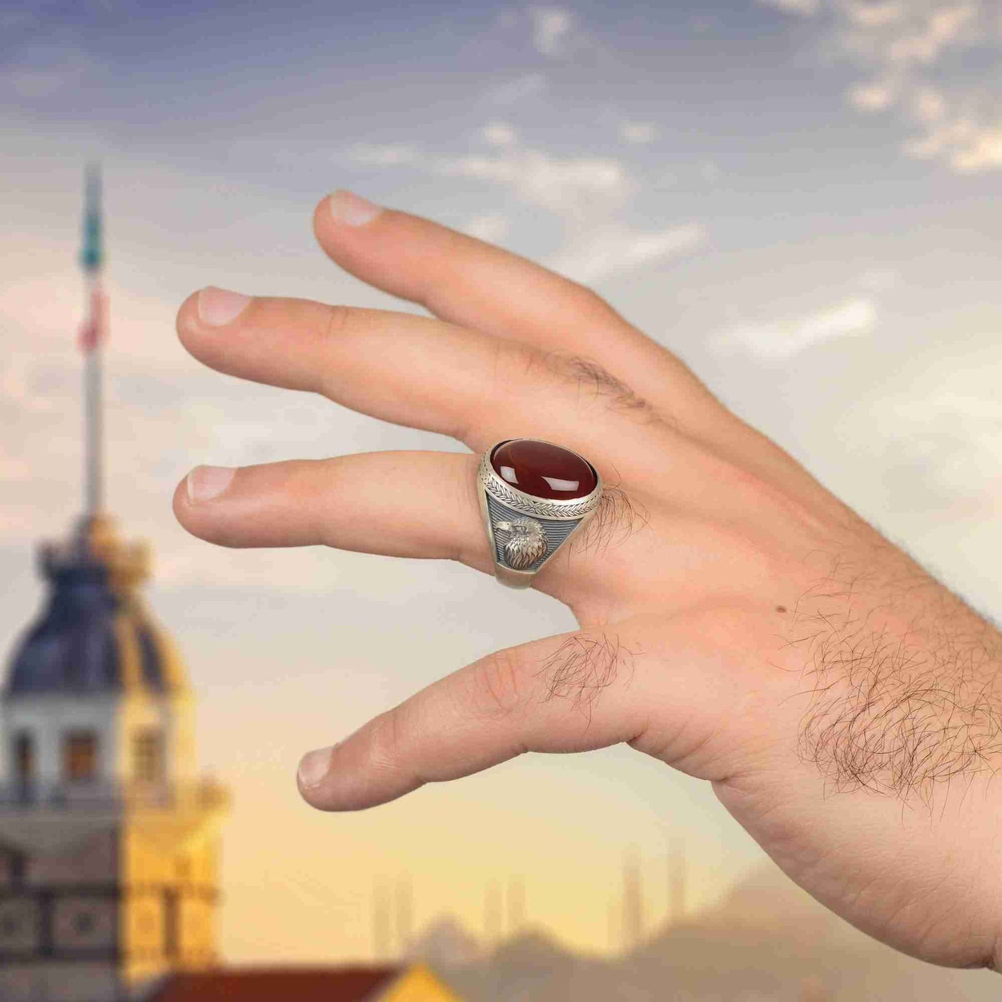 Kartal Erkek Yüzük, Oval Malakit Yüzük, Yeşil Taşlı Yüzük, Oksitli Erkek Yüzük