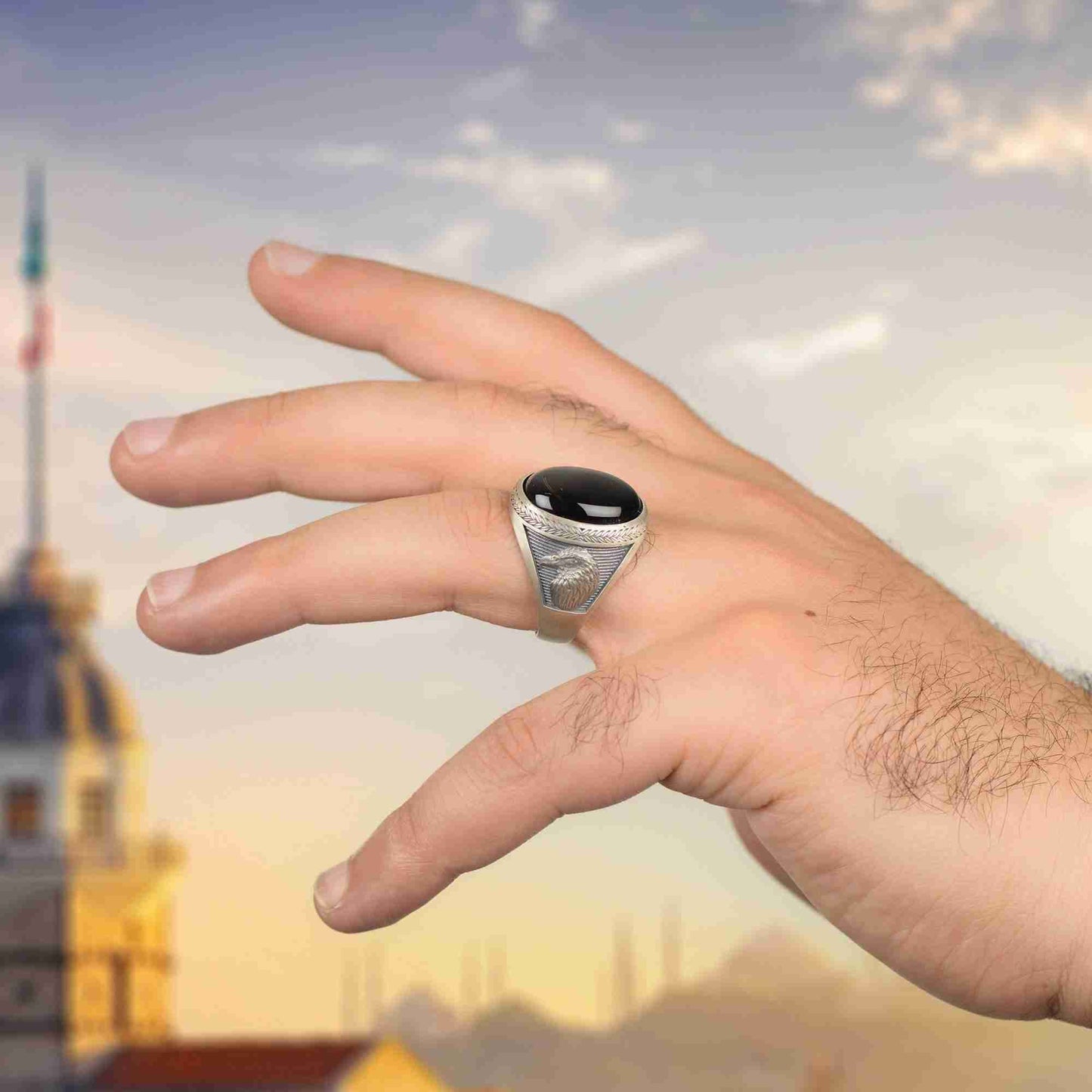 Kartal Erkek Yüzük, Oval Malakit Yüzük, Yeşil Taşlı Yüzük, Oksitli Erkek Yüzük
