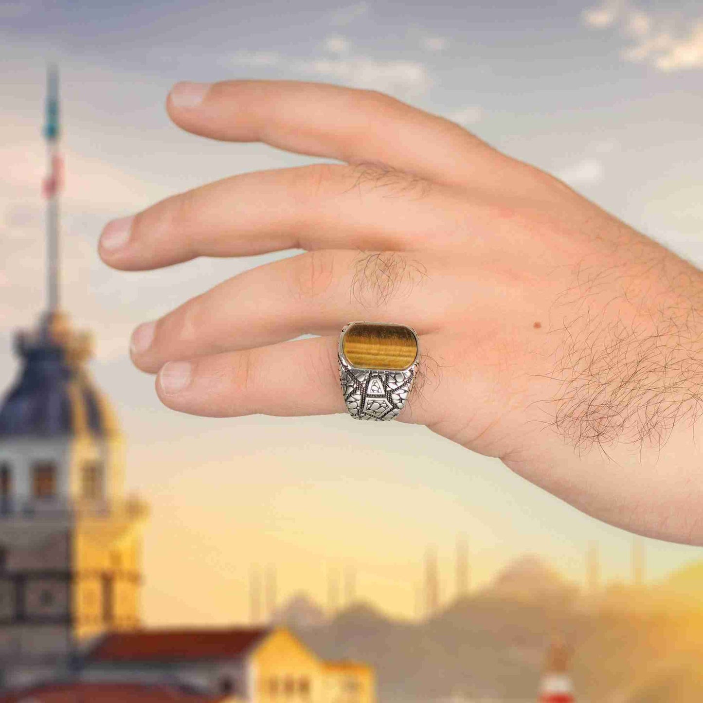 Kale Duvarı Erkek Yüzüğü, Kaplan Gözü Taşlı Yüzük