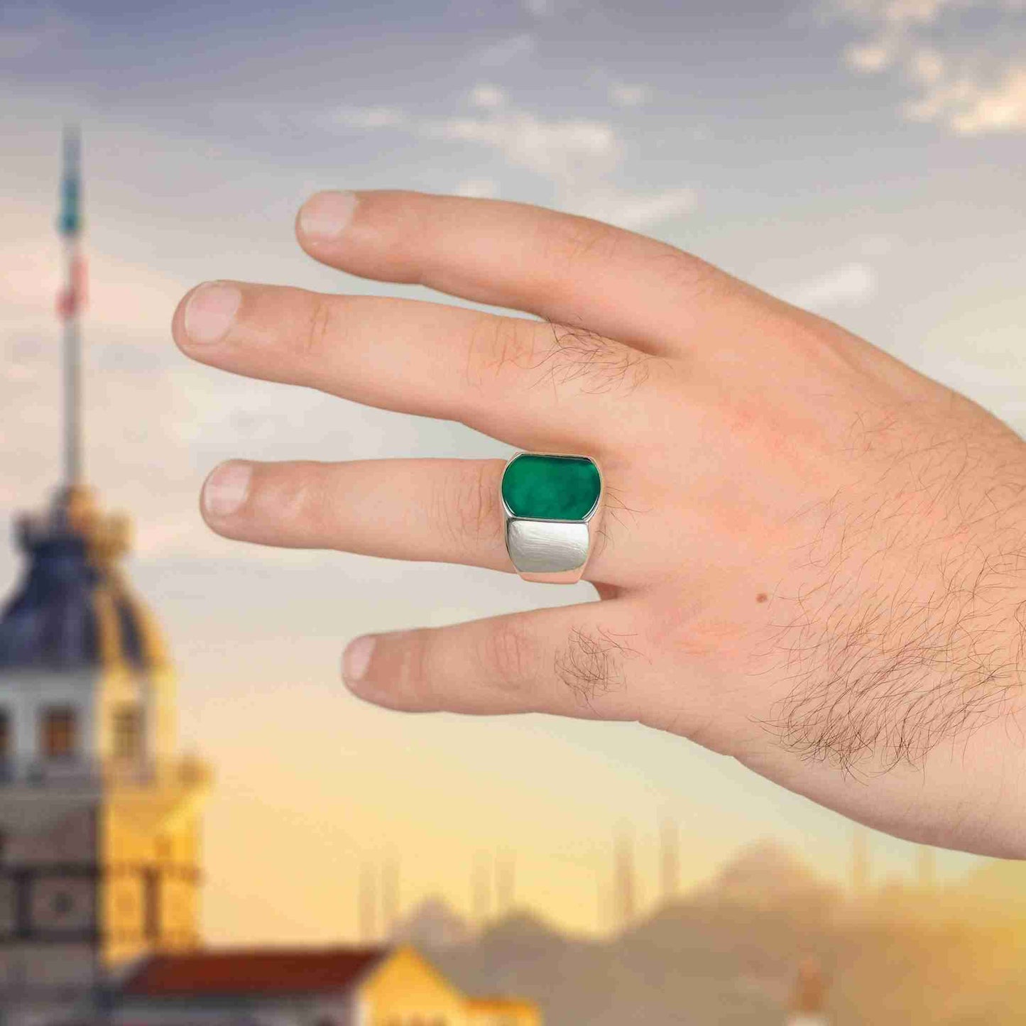 Minimalist El Yapımı Erkek Yüzük, Yeşil Akik Taşlı Yüzük