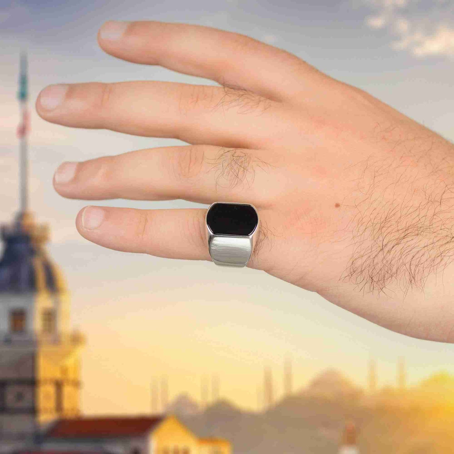 Minimalist El Yapımı Erkek Yüzük, Yeşil Akik Taşlı Yüzük