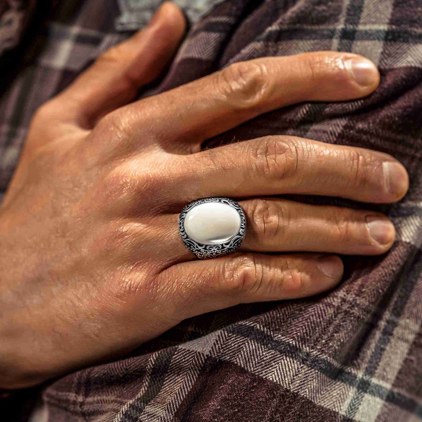 Mother of Pearl Gemstone Handmade Mens Ring
