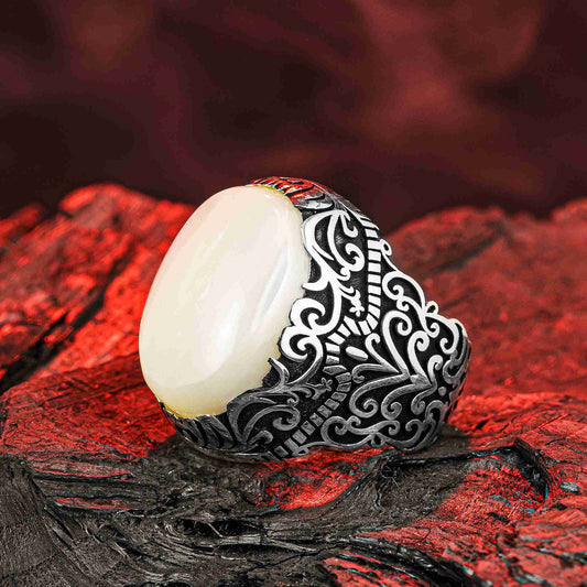 Mother of Pearl Gemstone Handmade Mens Ring
