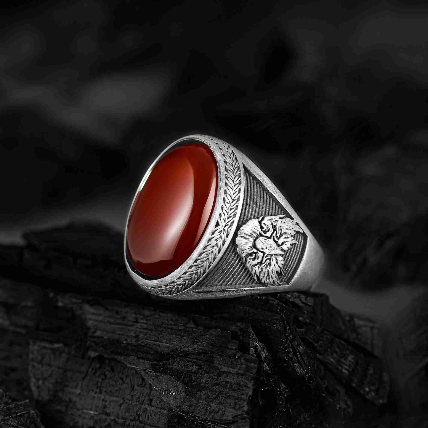 El Yapımı Kırmızı Akik Taşlı Vahşi Kartal Erkek Yüzük | Amerikan Kartalı Yüzüğü