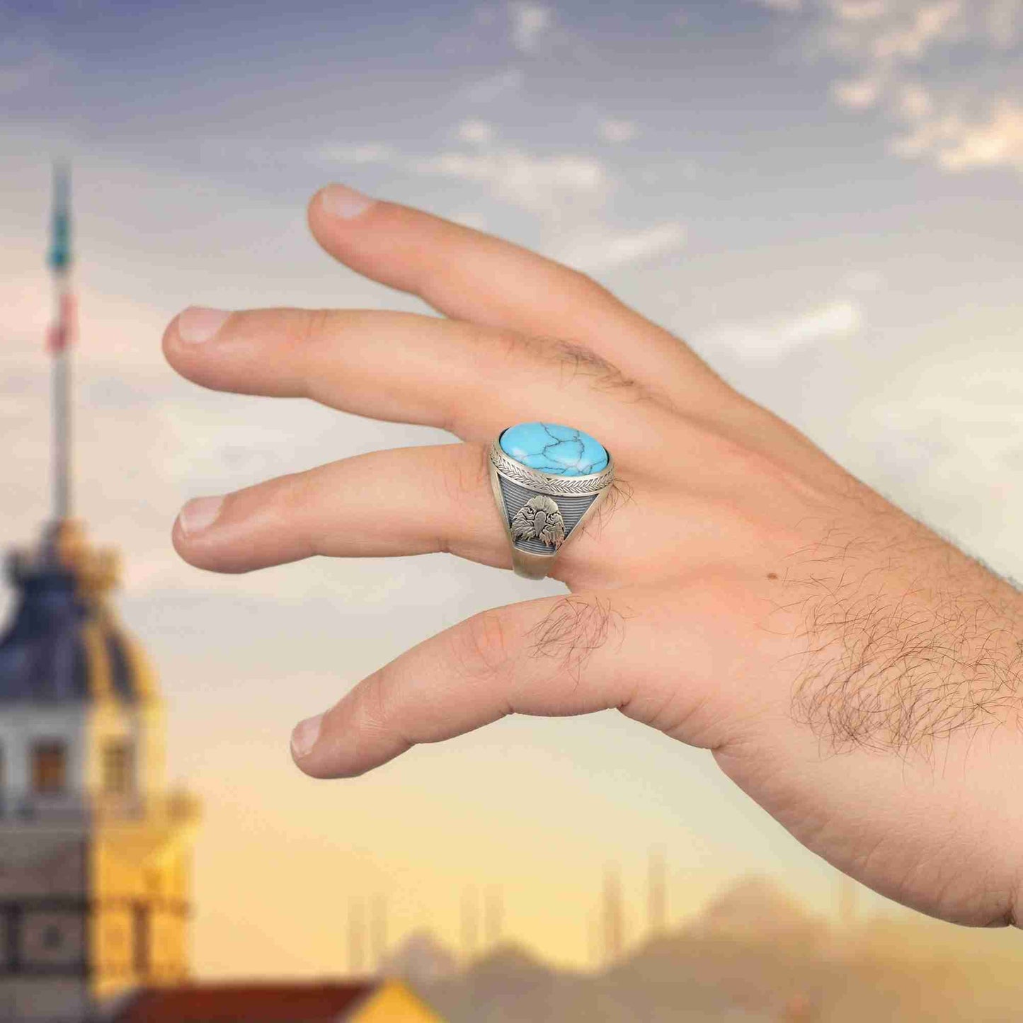 El Yapımı Kırmızı Akik Taşlı Vahşi Kartal Erkek Yüzük | Amerikan Kartalı Yüzüğü