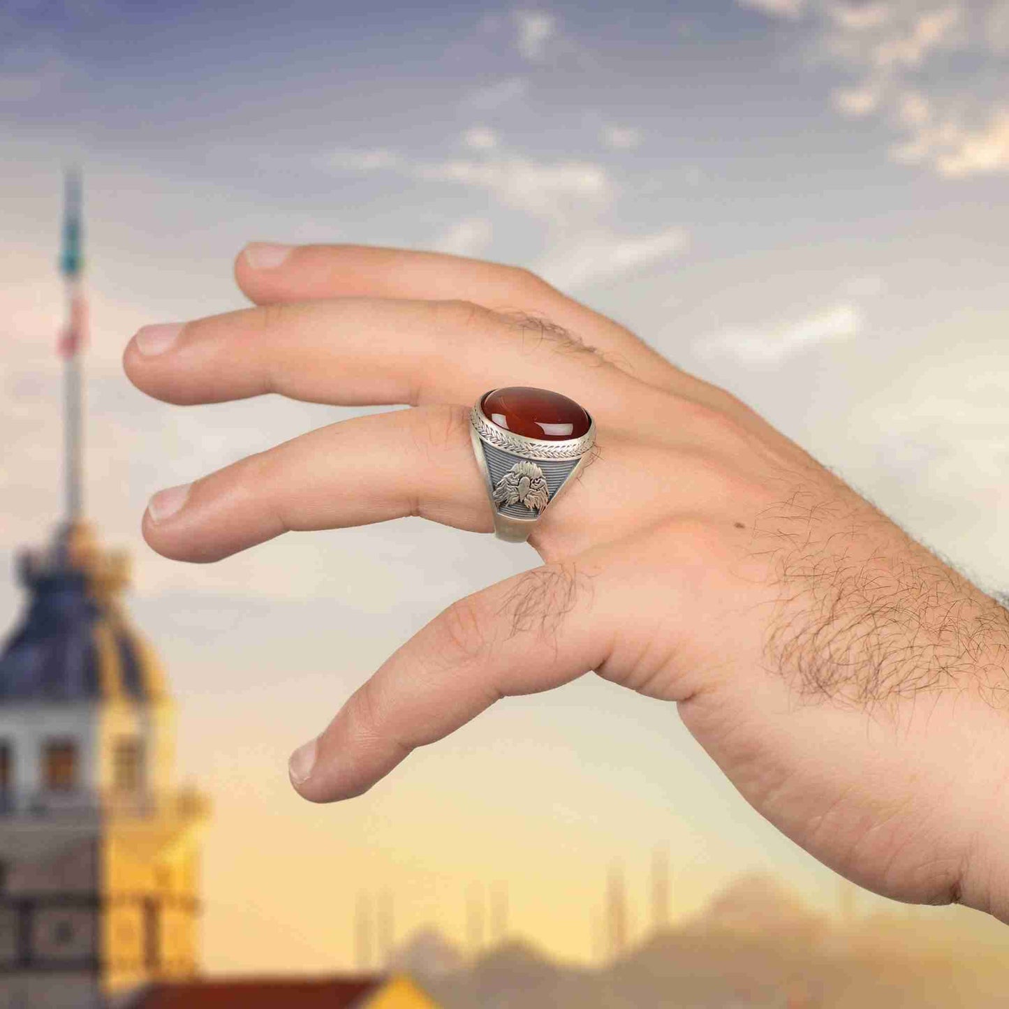 El Yapımı Kırmızı Akik Taşlı Vahşi Kartal Erkek Yüzük | Amerikan Kartalı Yüzüğü