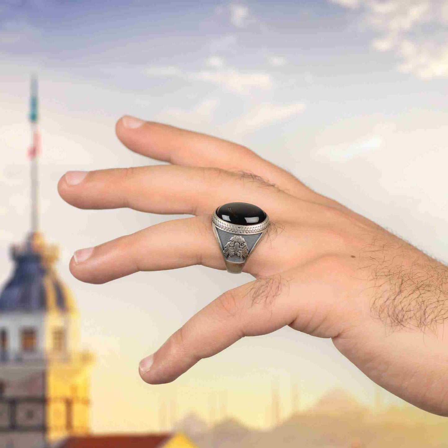 El Yapımı Kırmızı Akik Taşlı Vahşi Kartal Erkek Yüzük | Amerikan Kartalı Yüzüğü