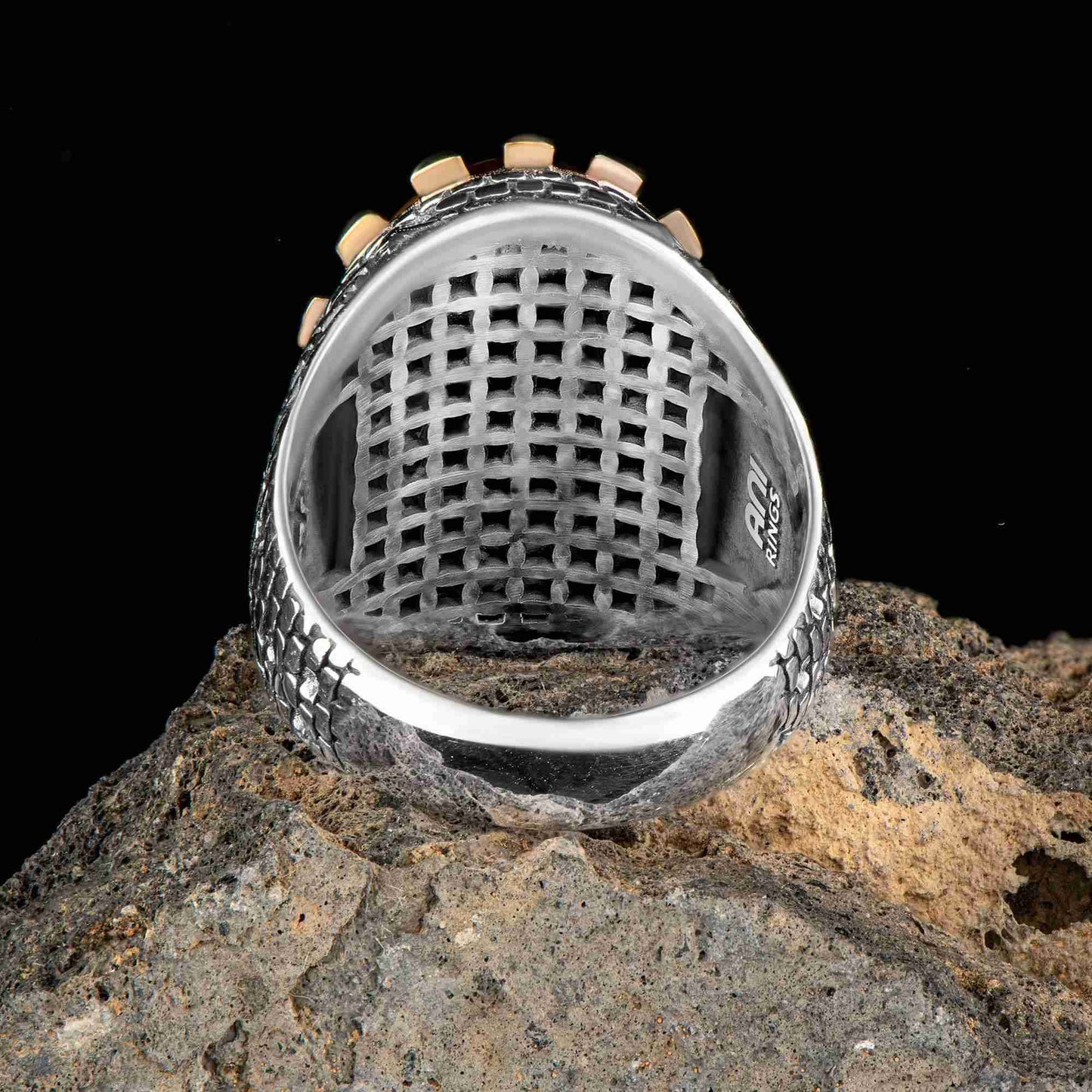 Kahverengi Kabaşon Taşlı Yüzük, Kaplan Gözü Vintage Gümüş Yüzük, Kazınmış Kale Tarzı Büyük Erkek Yüzük