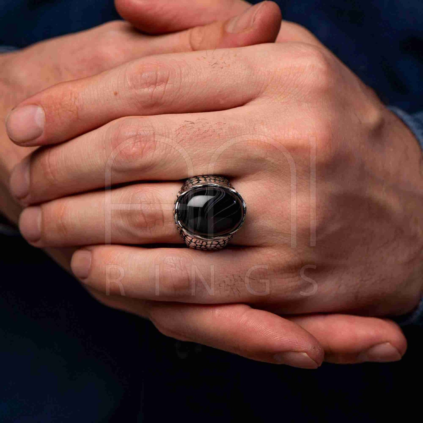 Oval Kaplan Gözü Erkek Yüzük, Kahverengi Taşlı Gümüş Yüzük