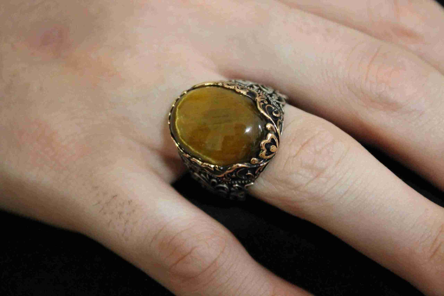 Vintage Gümüş Erkek Yüzük Kaplan Gözü Taşlı Yüzük İşlemeli Gümüş Erkek Yüzük El Yapımı Oval Yüzük Sevgililer Günü Hediyesi